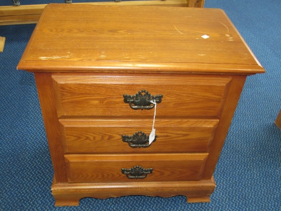 Oak wood 3 drawer nightstand w/ black metal scallop handles