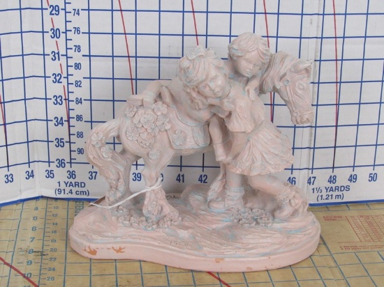 Pink Plaster figurine of girl helping boy onto horse, Engraved "Largo, Limited Edition, 692/7500"