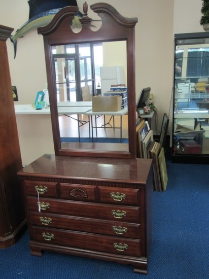 Wooden 3 Drawer Vanity by Lea, Tall back mirror, Arh Pediment w/ urn finial center
