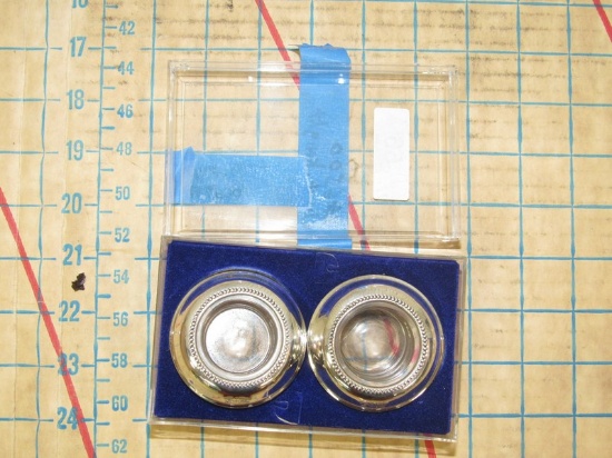 Sterling Silver Rimmed, Glass Salt and Pepper dishes with spoons & plastic case