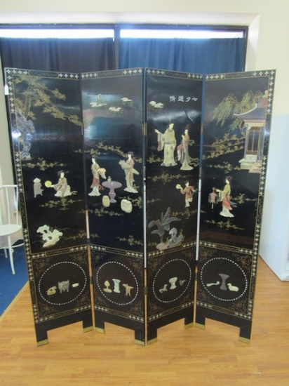 Antique Asian Geisha Design Black Wood 4 Panel Divider