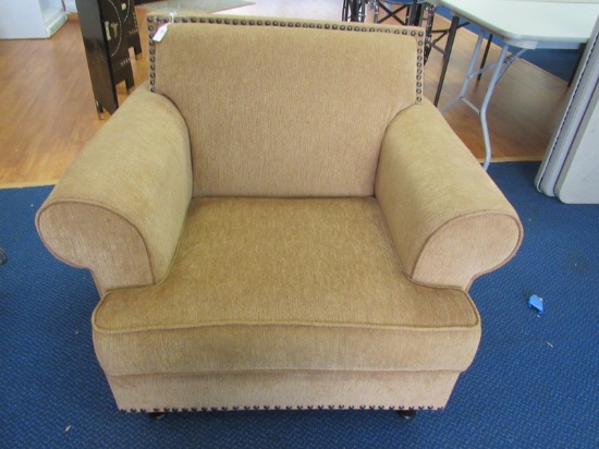 Pier 1 Imports Tan Upholstered  Arm Chair Pin Trim, Wooden Feet
