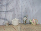 4 Porcelain Pitcher lot: 1 white, 1 Floral, 1 basket of apples, 1 Cherub with stars