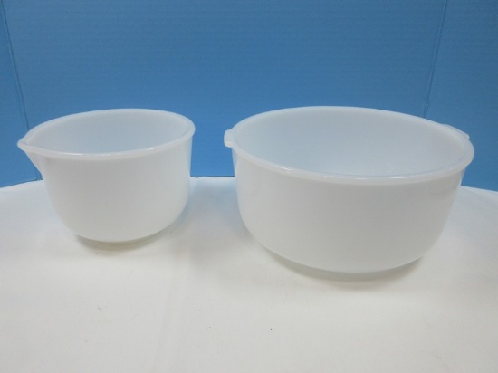 Pair Glasbake For Sunbeam Milk Glass Mixer Mixing Bowls 9 1/4" Tab Handles