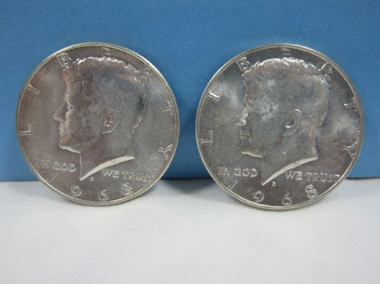 2-1968-D Kennedy Half Dollar Coins 40% Silver/60% Copper Composition Philadelphia No Mint