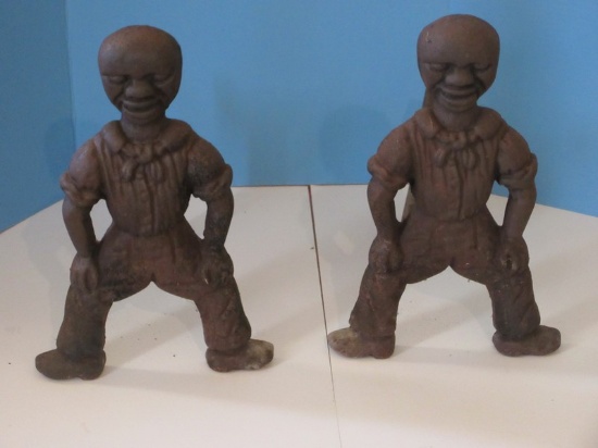 Pair Antique Cast Iron Black Americana Figural Sailor 17 1/4" Andirons Firedogs