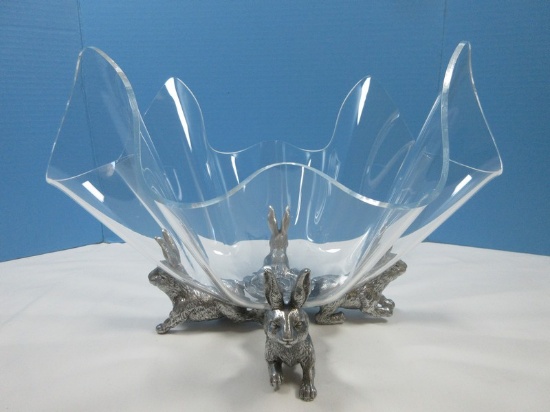 14" Adorable Arthur Court Aluminum Holloware Figural Bunnies Center Piece Stand