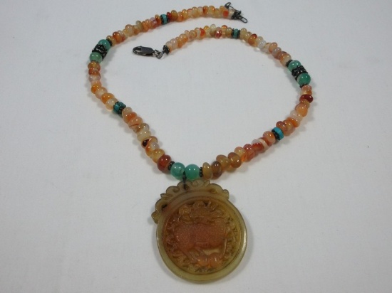 Artisan Design Jewelry Carved Chinese Carnelian Pendant on Multi Gemstone Polished Necklace