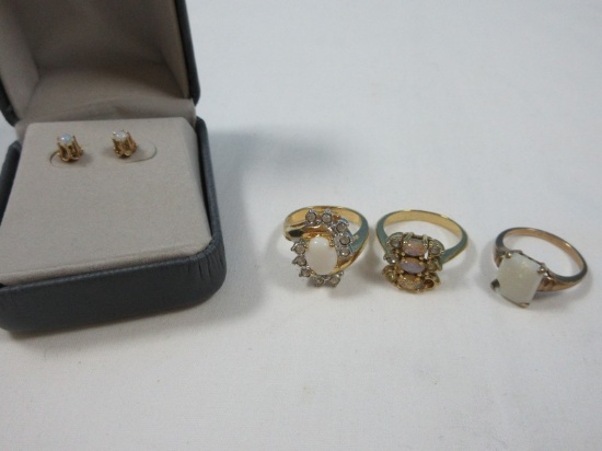 3 Opal Rings & Pair Pierced Earrings Solitaire Princess Cut Stamped 10KC, Cocktail & Statement