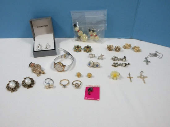 Jewelry Lot Clip-On Turn Back Earrings, Alt Rise 17 Jewel Wrist Watch, Flower Ring, S.C. Sterling