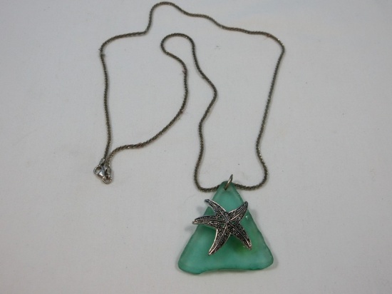 Italy 925 Sterling Silver Necklace Chain w/Sea Glass Shard Adorned Starfish