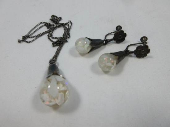 Vintage Jewelry Set Sterling Colossal Floating Opal Teardrop Pendant on Chain w/Earrings