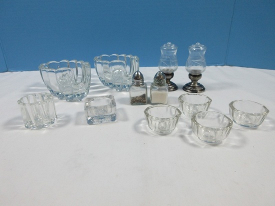 Pair Etched Glass Sterling Silver Weighted Base Salt/Pepper Shakers, Serving Spoon Rest,