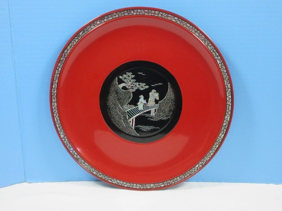 Stunning Red Lacquer ware Charger 14 1/4" Torte Tray Abalone Inlay Asian Scene Center