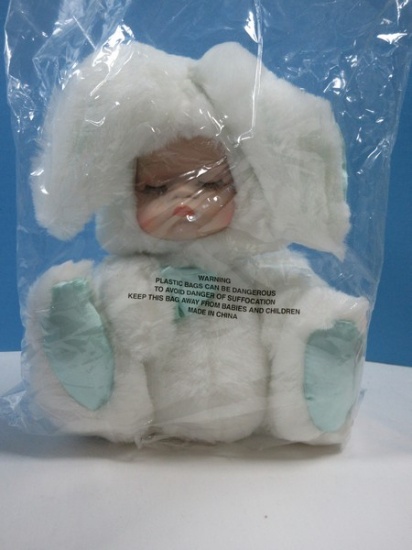 Adorable Porcelain Face Plush White Bunny Rabbit Musical Doll Approx 9" Cyan Accent