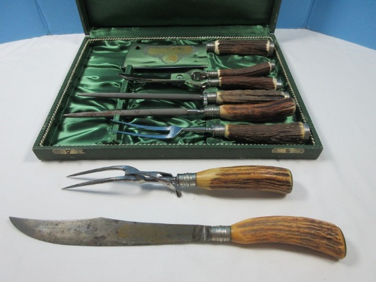 7 pc. Antler Handle Craving Cutlery Meat Forks and Haning Steel by Baron Solingen-Rostfrei