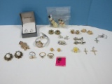 Jewelry Lot Clip-On Turn Back Earrings, Alt Rise 17 Jewel Wrist Watch, Flower Ring, S.C. Sterling