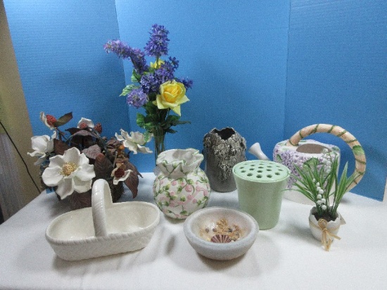 Cylinder Glass Vase Lilac Stem Flowers, Mint Glaze Porcelain 6" Vase w/Flower Frog Insert,..