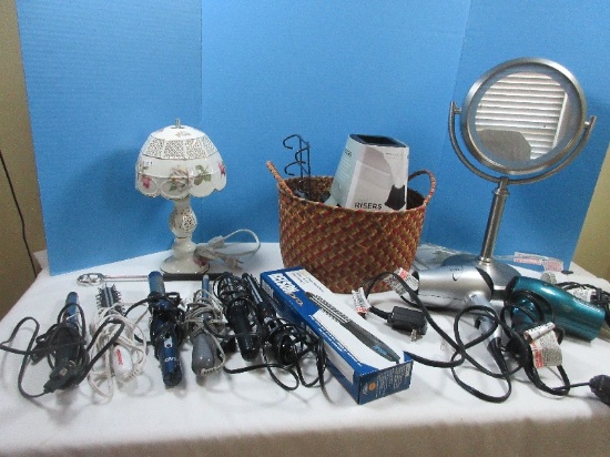 Brushed Stainless Lighted Vanity Magnified Mirror, Set of 4 Merrick Bed Risers, Hair Dryer, Brush