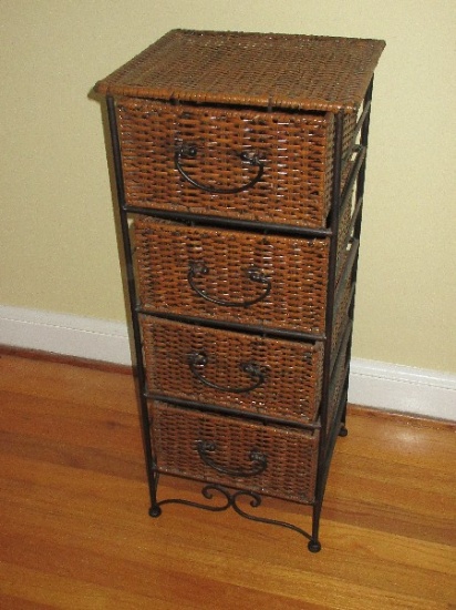 Classic Design Metal Frame Basket Weave Wicker 4 Drawer Chest Natural Finish