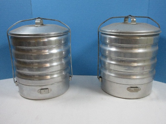 2-Vintage Aluminum Picnic Pack Carrier 5 Tier Camping/Cooking/Stackable Lunch Pail