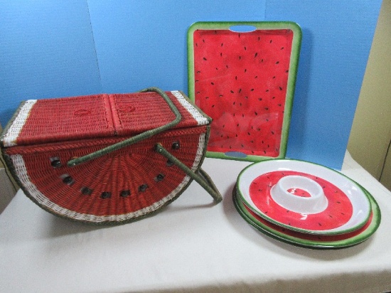 Lot Watermelon Design Picnic Basket, Sakura 15 5/8" Trays, Chip & Dip Platters, Plastic Tableware