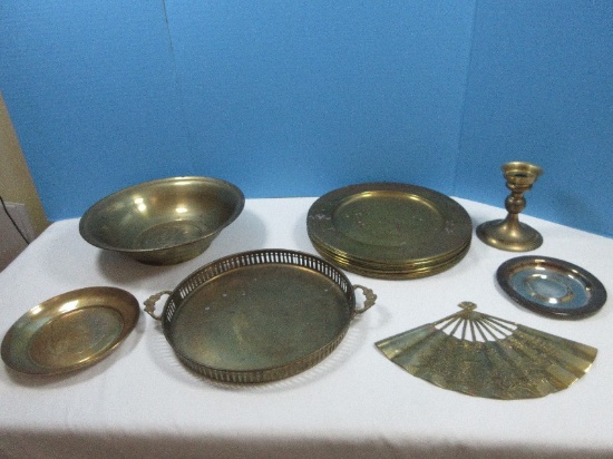 Brass 11 7/8" Chargers Plates, Candlestick w/Drip Pan 7" Brass Bowl Relief Shou Longevity