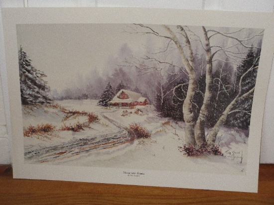 Titled "Mountain Home" Winter Landscape Scene Artist Signed Rita Smith Offset Lithograph