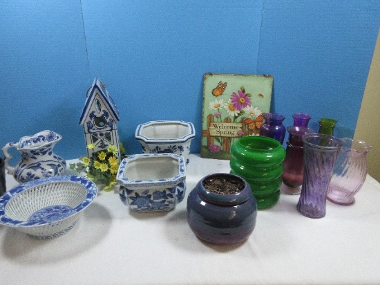 Semi Porcelain Blue/White Design Bird House, Bowl Pierced Lattice Design, Flared Rim, Pitcher