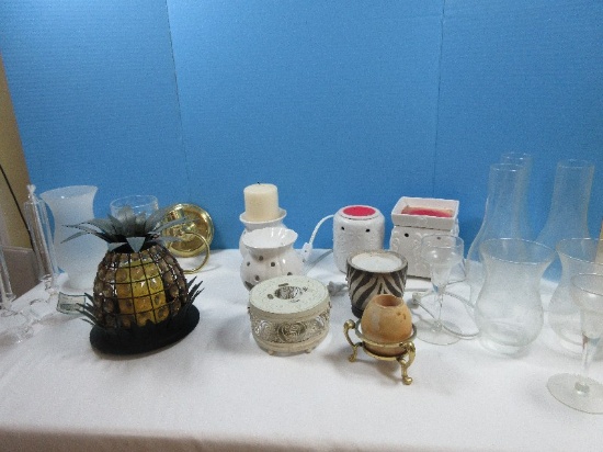 Brass Wall Sconce Etched Crystal Hurricane Shade, Amber Jeweled Designed Pineapple Candle