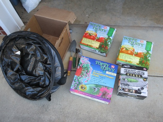 Lot Bionic Steel 25ft. Garden Hose, Collapsible Leaf Bin, 2 Topsy Turvy Tomato Planters?..