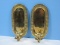 Pair Brass Candlestick Wall Scones Oval Back Shield Raised Bead Trim