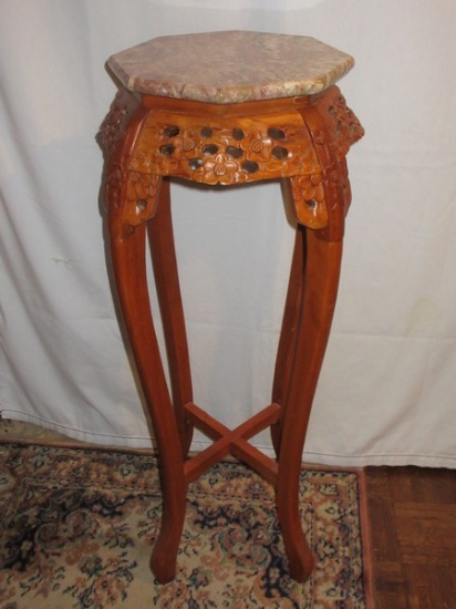 Exquisite Beautifully Carved Art Display/Plant Stand Octagon Rose Marble Top Cherry Blossoms