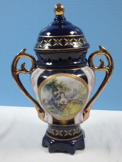 Venetian Lagoon Fine Porcelain Double Handled Urn 10 3/4" w/Lid "Young Love" Garden Scene