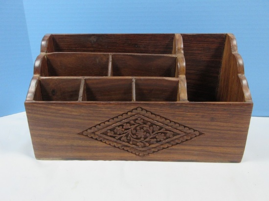 India Arts Imports Shisham Wood Carved Desk Organizer Letter Box w/ Compartments