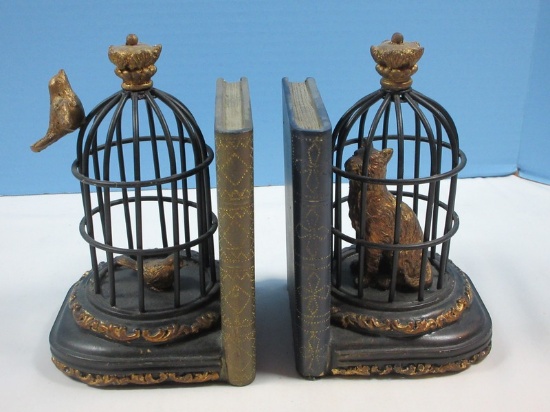 Whimsical Pair Resin Bookends Figural Cat & Bird in Wire Bird Cages Gilt Accent