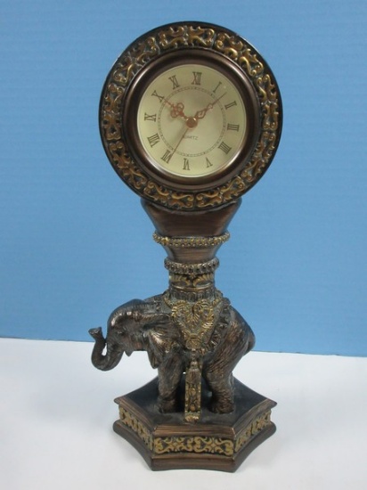 Resin Figural 12 1'2" Parade Elephant Novelty Accent Clock Antiqued Patina