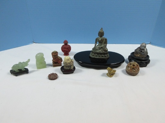 Carved Jade 2" Chinese Guardian Lion Foo Dog, 11 1/4" Elephant Jade Figurines, Glass Buddha,