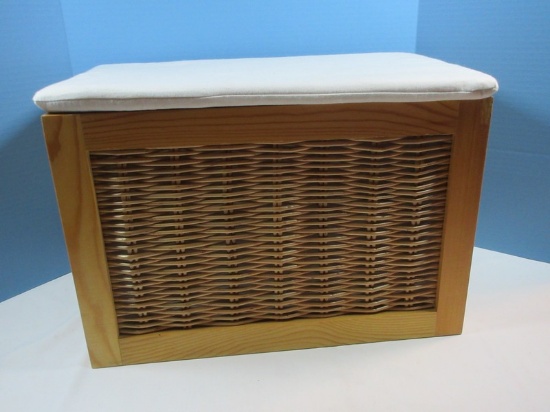 Pine Storage Box Chest Wicker Woven Panels w/Padded Top, Interior Lining & Side Slot Handles