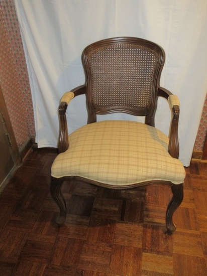 French Inspired Fauteuil Classic Padded Arm Chair Cane Back Upholstered Seat Queen Anne Legs