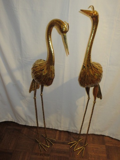 Pair 44" Metal Sculptures Crane/Heron/Egret Antique Gilt Patina Tin/Metal