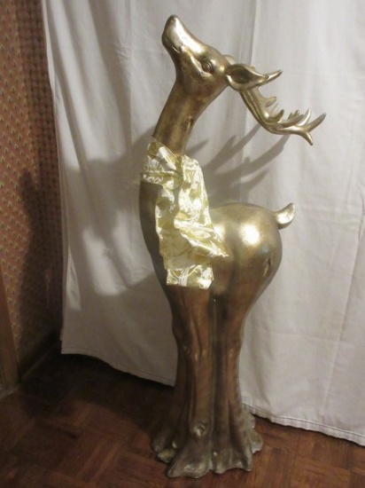 Stately 45 1/2" Resin Reindeer Figural Statue Antiqued Gilt Patina