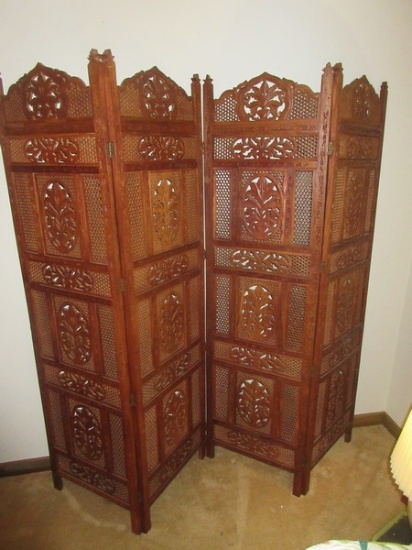 Stone Lantern Hand Carved Shesham Wood 4 Panel Folding Screen Room Divider Intricately Carv