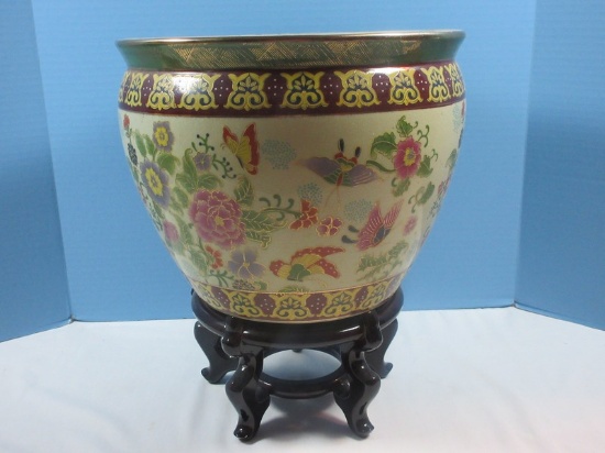 Gorgeous Semi Porcelain 12" Imperial Butterflies Fish Bowl Jardinier Planter w/Stand