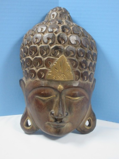 Hand Carved Deity Duddha Solid Wood Face Mask Gilt Accent