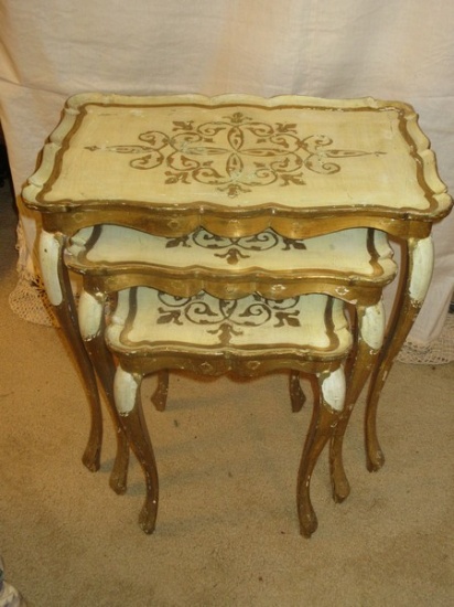 Wooden Set of 3 Florentine Style Neoclassical Nesting Tables Fleur De Lis & Scroll Design Gilt/