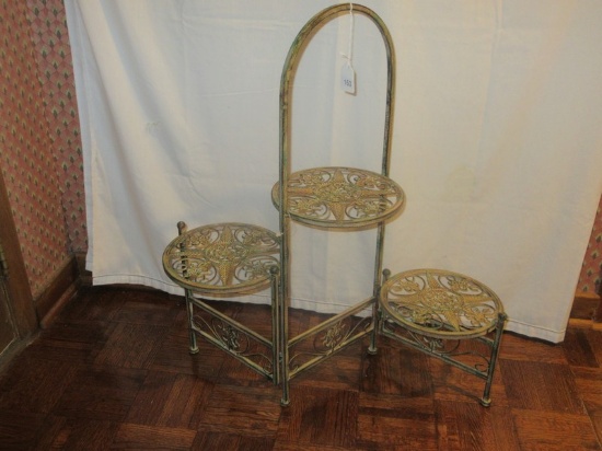Metal Decorative 3 Tier Folding Plant Stand Flower Medallion Design Antique Patina