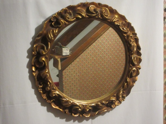 Hollywood Regency 15" Round Embellished Wall Mirror Scrollwork Scalloped Shell Design