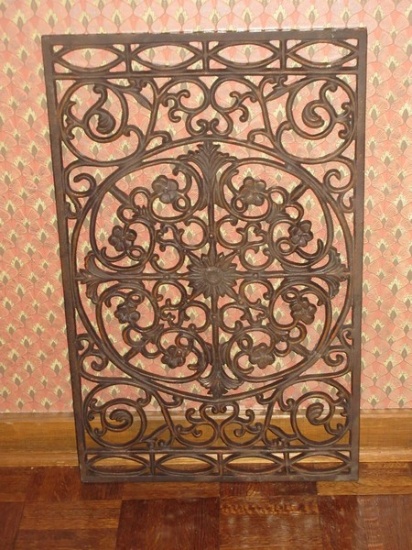 French Inspired Cast Iron Grate Intricate Fleur Delis Medallion Design Scrollwork Trim