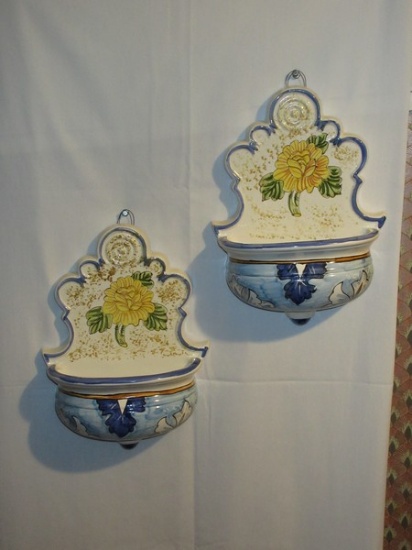 Pair Italian Ceramic Fonts Wall D‚cor Hand Painted Traditional Design 12 1/2" x 9"
